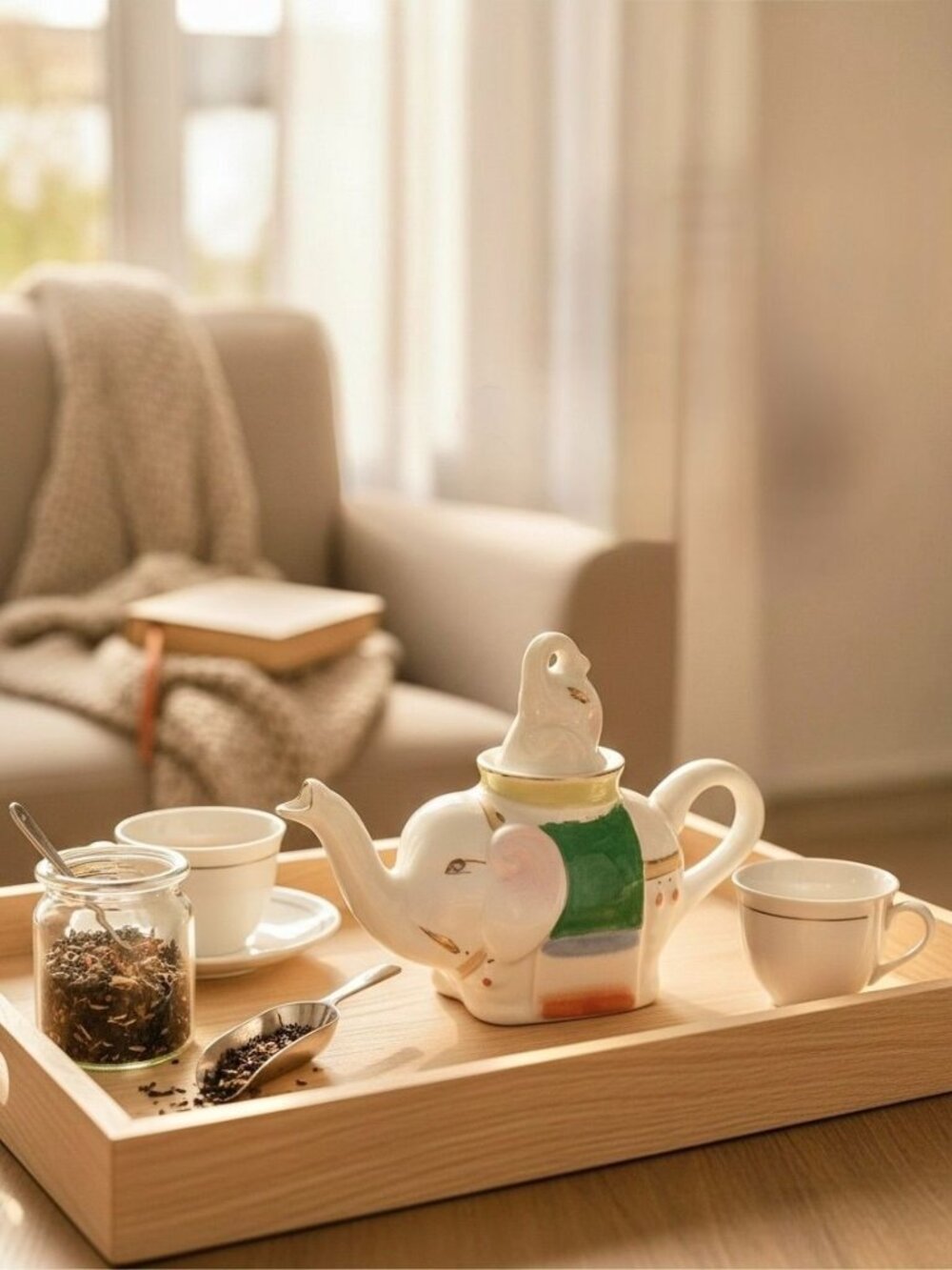 Elephant Shaped Ceramic Teapot With Multicolor Design & Removable Lid